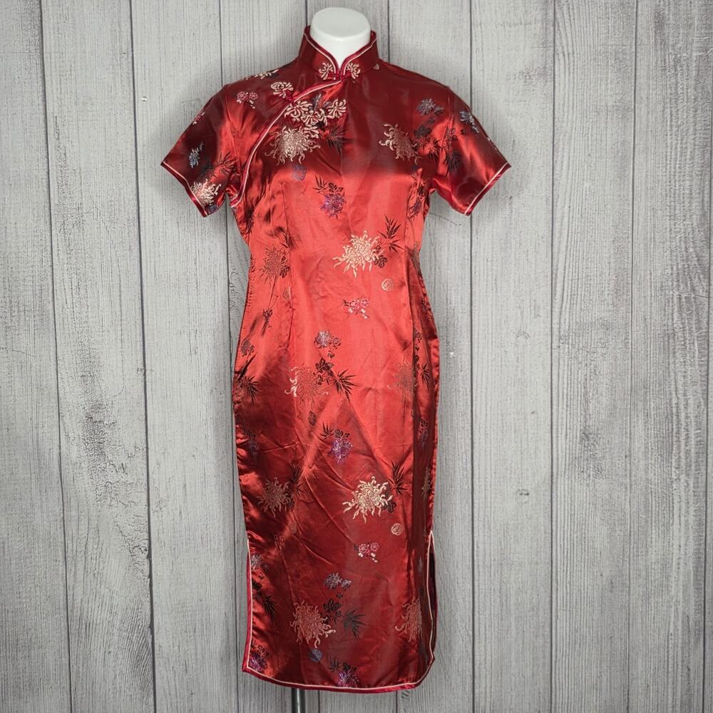 Vintage Red Satin Brocade Qipao Cheongsam Dress Size 38